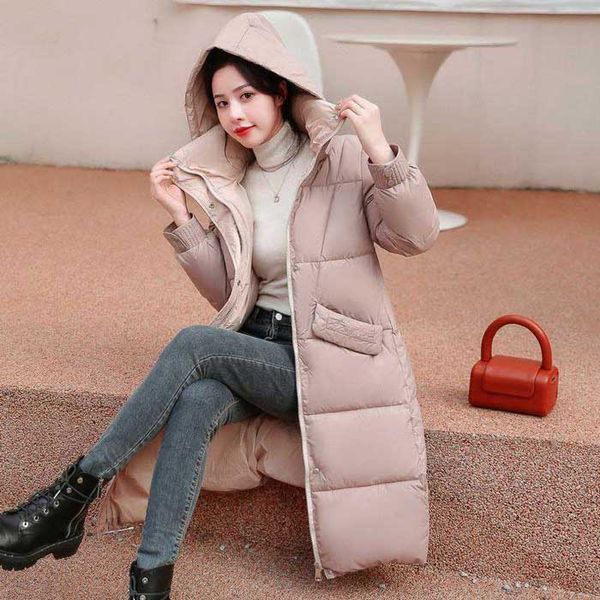 Теплая, зимняя удлиненная женская куртка (пальто). Бежевая 59 фото